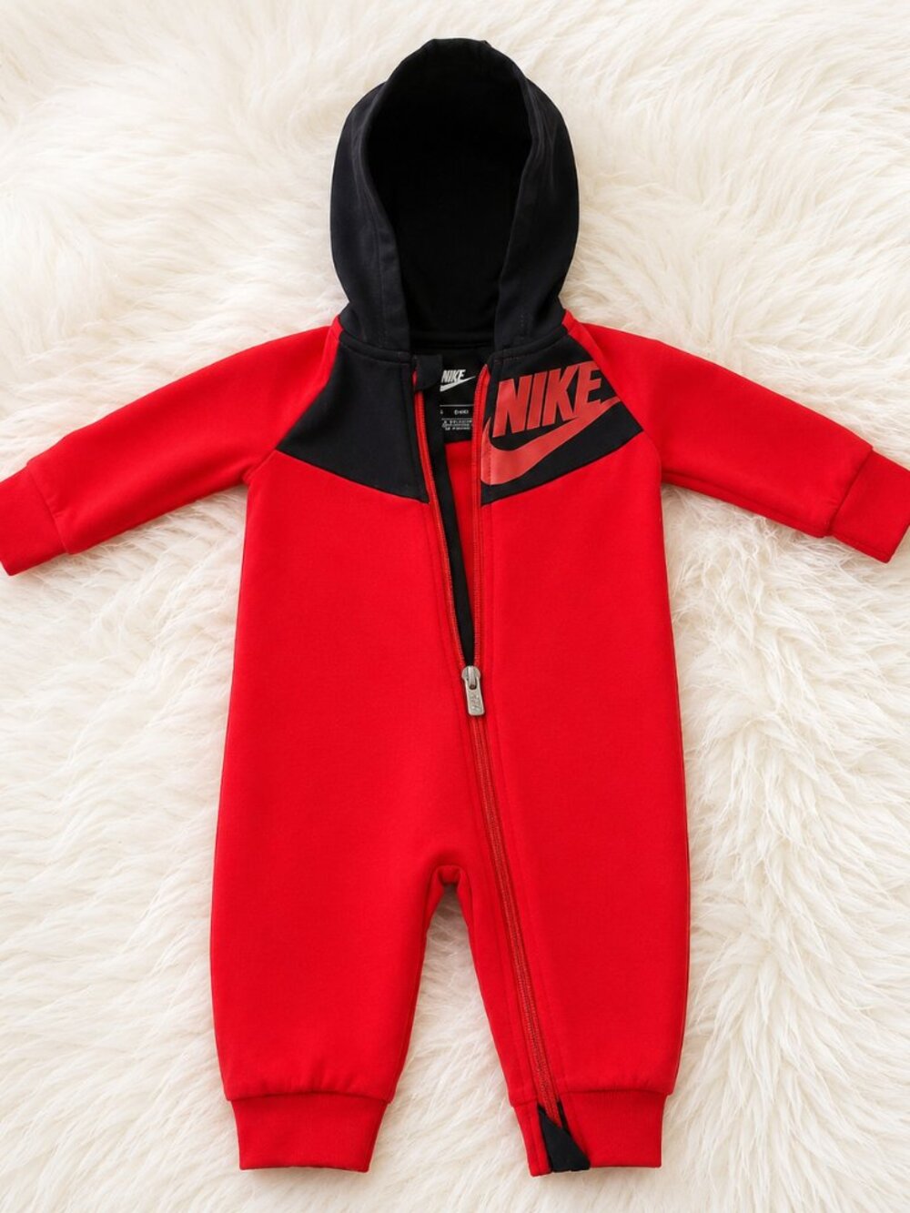 Nike Baby Red/Black Hooded Full Zip Cotton Jumpsuit SZ 6M
